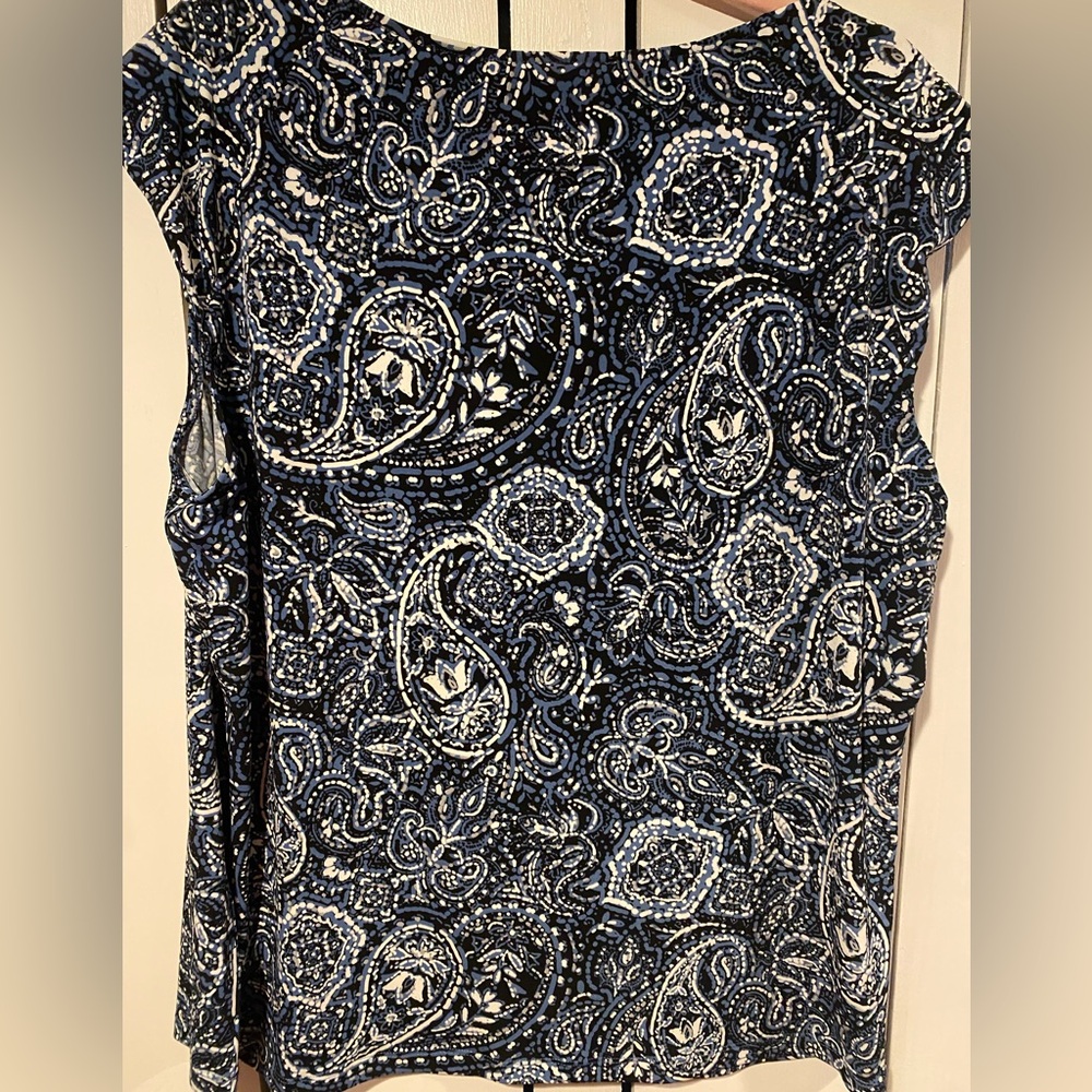 Kasper Navy and White Paisley Sleeveless Cowl Neck Blouse - Picture 6 of 6
